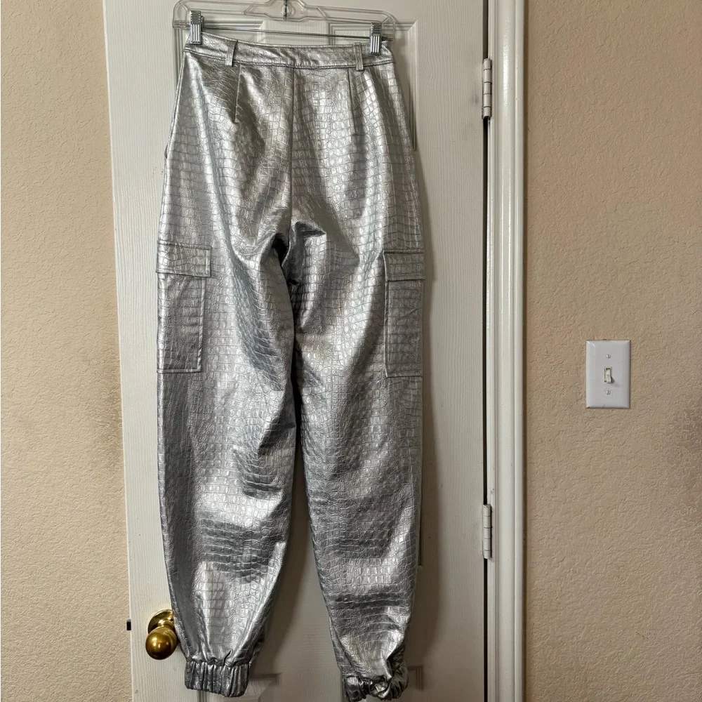 NAKED WARDROBE The Crocodile Faux Leather Joggers Metallic Silver Size Small NWT - Picture 8 of 13